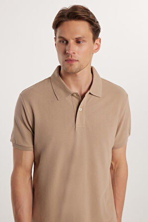 Erkek Slim Fit Dar Kesim %100 Pamuk Bej Polo Yaka Tişört