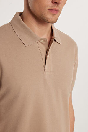 Erkek Slim Fit Dar Kesim %100 Pamuk Bej Polo Yaka Tişört