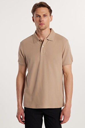 Erkek Slim Fit Dar Kesim %100 Pamuk Bej Polo Yaka Tişört