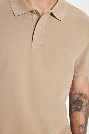 Erkek Slim Fit Dar Kesim %100 Pamuk Bej Polo Yaka Tişört