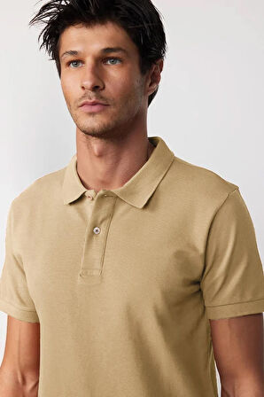 Erkek Slim Fit Dar Kesim %100 Pamuk Bej Polo Yaka Tişört