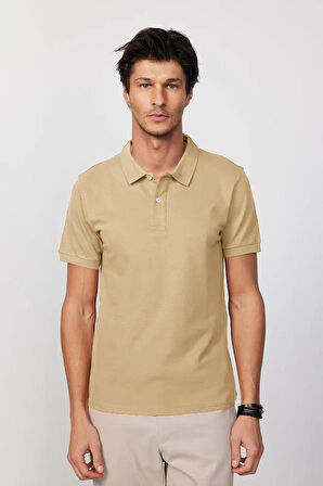 Erkek Slim Fit Dar Kesim %100 Pamuk Bej Polo Yaka Tişört