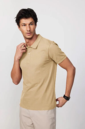 Erkek Slim Fit Dar Kesim %100 Pamuk Bej Polo Yaka Tişört