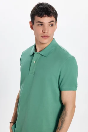 Erkek Slim Fit Dar Kesim %100 Pamuk Yeşil Polo Yaka Tişört