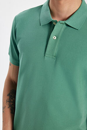 Erkek Slim Fit Dar Kesim %100 Pamuk Yeşil Polo Yaka Tişört