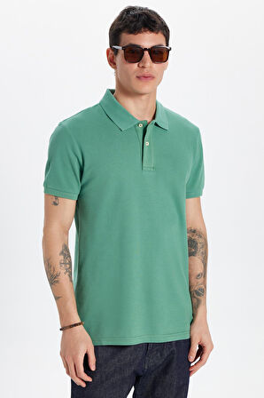 Erkek Slim Fit Dar Kesim %100 Pamuk Yeşil Polo Yaka Tişört