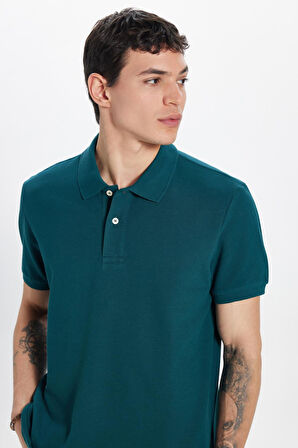 Erkek Slim Fit Dar Kesim %100 Pamuk Yeşil Polo Yaka Tişört