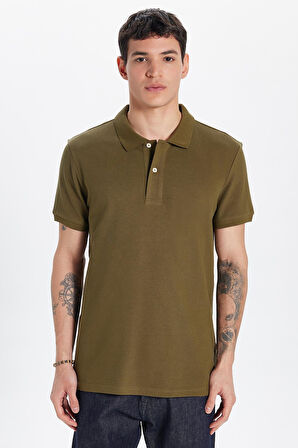 Erkek Slim Fit Dar Kesim %100 Pamuk Haki Polo Yaka Tişört
