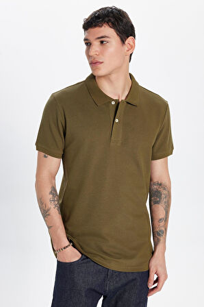 Erkek Slim Fit Dar Kesim %100 Pamuk Haki Polo Yaka Tişört