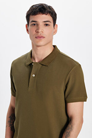 Erkek Slim Fit Dar Kesim %100 Pamuk Haki Polo Yaka Tişört