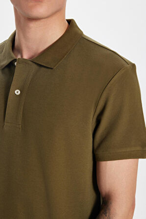 Erkek Slim Fit Dar Kesim %100 Pamuk Haki Polo Yaka Tişört