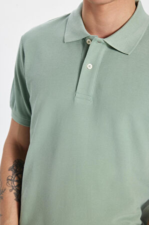 Erkek Slim Fit Dar Kesim %100 Pamuk Yeşil Polo Yaka Tişört