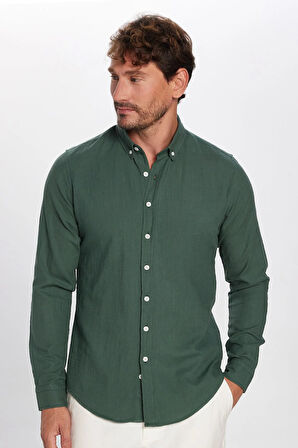 Erkek Slim Fit Dar Kesim %100 Pamuk Keten Doku Düğmeli Yaka Haki Gömlek