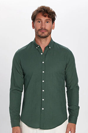 Erkek Slim Fit Dar Kesim %100 Pamuk Keten Doku Düğmeli Yaka Haki Gömlek