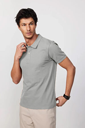 Erkek Slim Fit Dar Kesim %100 Pamuk Gri Polo Yaka Tişört