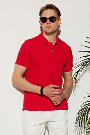 Erkek Slim Fit Dar Kesim %100 Pamuk Kırmızı Polo Yaka Tişört