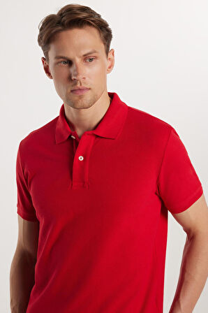 Erkek Slim Fit Dar Kesim %100 Pamuk Kırmızı Polo Yaka Tişört