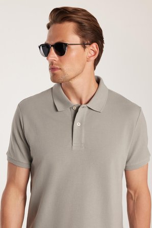 Erkek Slim Fit Dar Kesim %100 Pamuk Gri Polo Yaka Tişört