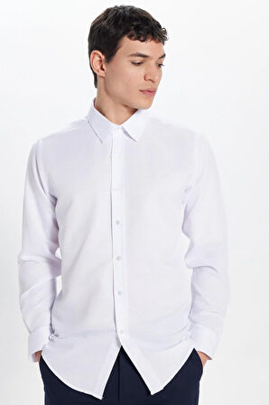Erkek Modern Fit Dar Kesim Pamuklu Kolay Ütü Armürlü Beyaz Gömlek