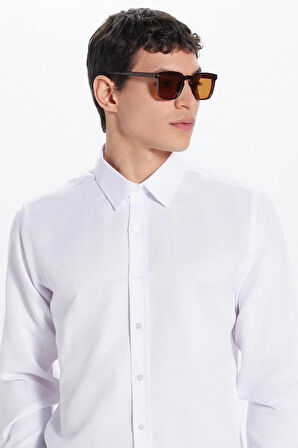 Erkek Modern Fit Dar Kesim Pamuklu Kolay Ütü Armürlü Beyaz Gömlek