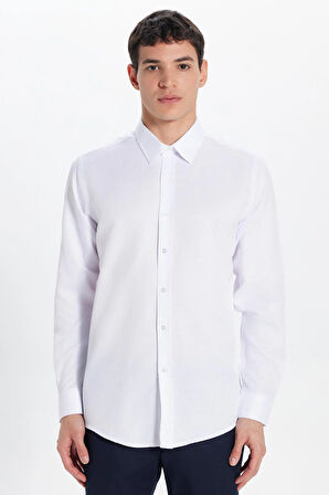 Erkek Modern Fit Dar Kesim Pamuklu Kolay Ütü Armürlü Beyaz Gömlek