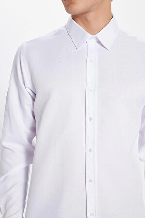 Erkek Modern Fit Dar Kesim Pamuklu Kolay Ütü Armürlü Beyaz Gömlek