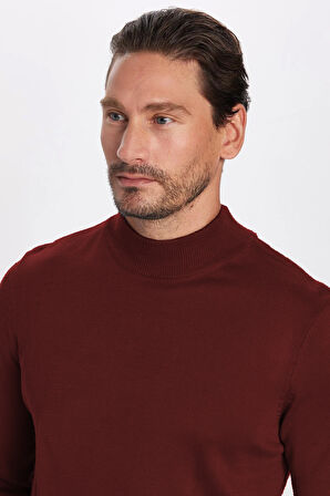 Erkek Standart Fit Normal Kesim Yarım Balıkçı Yaka Düz Bordo Triko Kazak