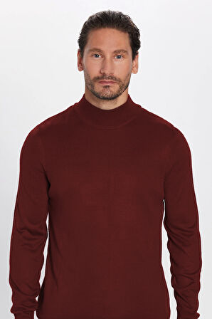 Erkek Standart Fit Normal Kesim Yarım Balıkçı Yaka Düz Bordo Triko Kazak