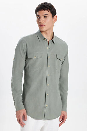 Erkek Slim Fit Dar Kesim %100 Pamuk Keten Doku Çift Cep Spor Yaka Açık Haki Gömlek