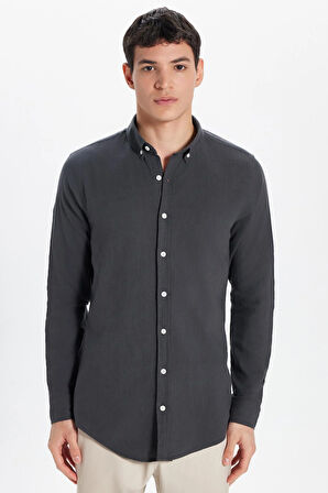 Erkek Slim Fit Dar Kesim %100 Pamuk Keten Doku Düğmeli Yaka Füme Gömlek