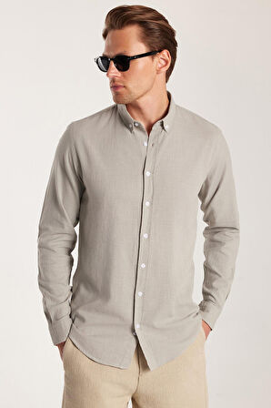Erkek Slim Fit Dar Kesim %100 Pamuk Keten Doku Düğmeli Yaka Gri Gömlek