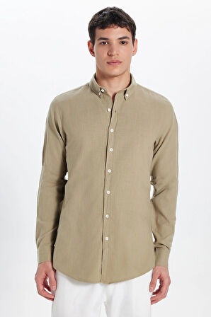 Erkek Slim Fit Dar Kesim %100 Pamuk Keten Doku Düğmeli Yaka Vizon Gömlek