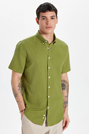 Erkek Slim Fit Dar Kesim Kısa Kollu %100 Pamuk Keten Doku Haki Düğmeli Yaka Gömlek