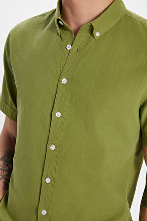 Erkek Slim Fit Dar Kesim Kısa Kollu %100 Pamuk Keten Doku Haki Düğmeli Yaka Gömlek