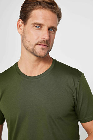 Unisex Slim Fit Dar Kesim %100 Pamuk Yumuşak Dokulu Haki Bisiklet Yaka Tişört