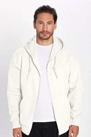 Unisex Relax Fit Rahat Kesim Pamuklu İçi Polarlı Çift Cepli Fermuarlı Beyaz Kapüşonlu Sweatshirt