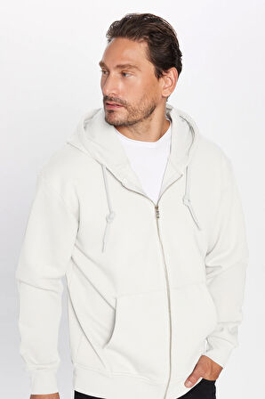 Unisex Relax Fit Rahat Kesim Pamuklu İçi Polarlı Çift Cepli Fermuarlı Beyaz Kapüşonlu Sweatshirt