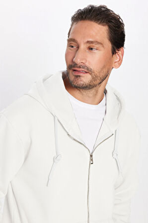 Unisex Relax Fit Rahat Kesim Pamuklu İçi Polarlı Çift Cepli Fermuarlı Beyaz Kapüşonlu Sweatshirt