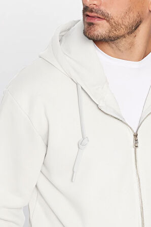 Unisex Relax Fit Rahat Kesim Pamuklu İçi Polarlı Çift Cepli Fermuarlı Beyaz Kapüşonlu Sweatshirt