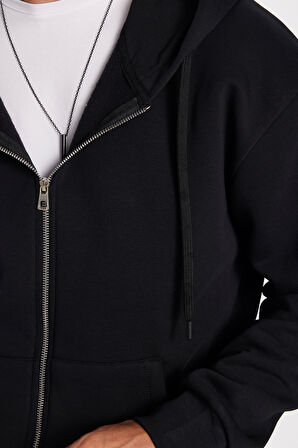 Unisex Relax Fit Rahat Kesim Pamuklu İçi Polarlı Çift Cepli Fermuarlı Siyah Kapüşonlu Sweatshirt
