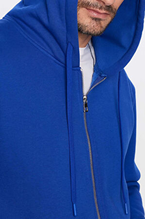 Unisex Relax Fit Rahat Kesim Pamuklu İçi Polarlı Çift Cepli Fermuarlı Sax Mavi Kapüşonlu Sweatshirt