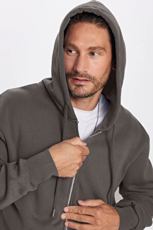 Unisex Relax Fit Rahat Kesim Pamuklu İçi Polarlı Çift Cepli Fermuarlı Gri Kapüşonlu Sweatshirt