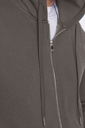 Unisex Relax Fit Rahat Kesim Pamuklu İçi Polarlı Çift Cepli Fermuarlı Gri Kapüşonlu Sweatshirt