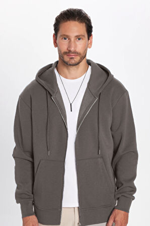 Unisex Relax Fit Rahat Kesim Pamuklu İçi Polarlı Çift Cepli Fermuarlı Gri Kapüşonlu Sweatshirt