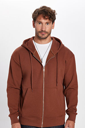 Unisex Relax Fit Rahat Kesim Pamuklu İçi Polarlı Çift Cepli Fermuarlı Kahverengi Kapüşonlu Sweatshirt