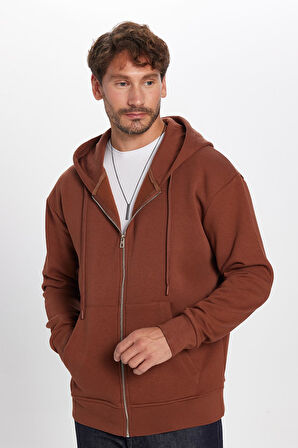 Unisex Relax Fit Rahat Kesim Pamuklu İçi Polarlı Çift Cepli Fermuarlı Kahverengi Kapüşonlu Sweatshirt
