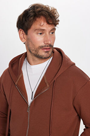 Unisex Relax Fit Rahat Kesim Pamuklu İçi Polarlı Çift Cepli Fermuarlı Kahverengi Kapüşonlu Sweatshirt