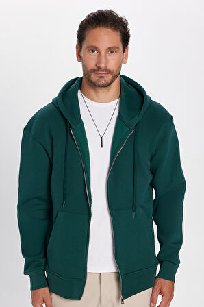 Unisex Relax Fit Rahat Kesim Pamuklu İçi Polarlı Çift Cepli Fermuarlı Yeşil Kapüşonlu Sweatshirt