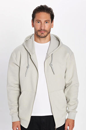 Unisex Relax Fit Rahat Kesim Pamuklu İçi Polarlı Çift Cepli Fermuarlı Taş Renk Kapüşonlu Sweatshirt