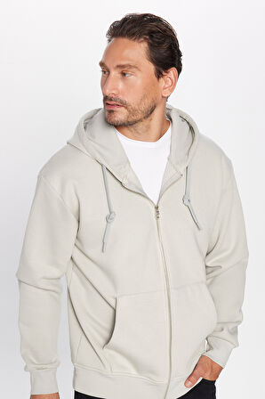 Unisex Relax Fit Rahat Kesim Pamuklu İçi Polarlı Çift Cepli Fermuarlı Taş Renk Kapüşonlu Sweatshirt